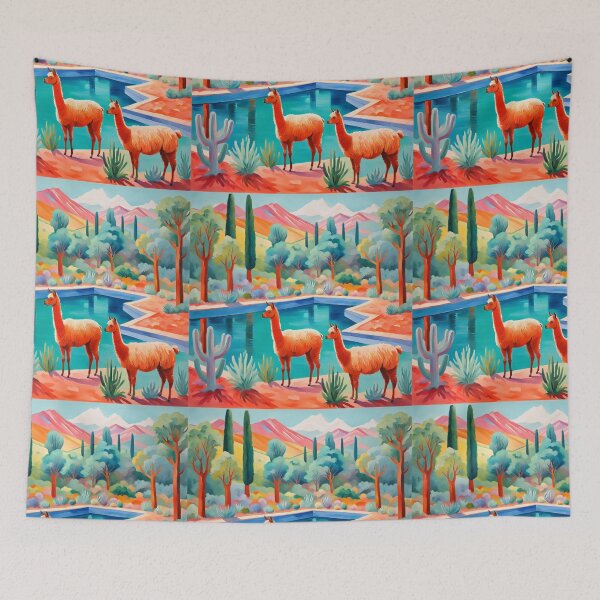 Item preview, Happy Llama couple on a walk, cactus, Valentine`s day, love designs, cute llama design next to a pool designed and sold by Coolparrotgirl.