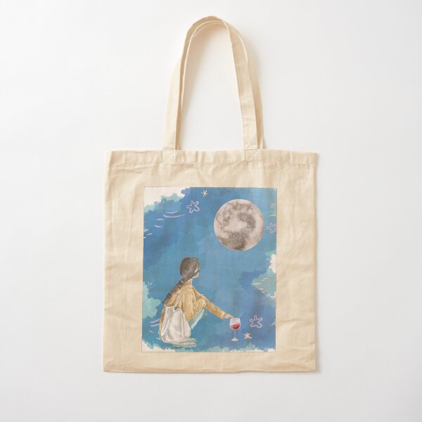 Item preview, Woman crouching looking at the moon with a glass of red wine designed and sold by ElizabethCoelho.