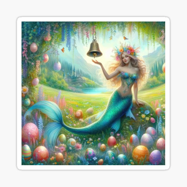 Item preview, Mermaid with a bell and Easter eggs fantasy easter landscape designed and sold by Expressions-Sel.