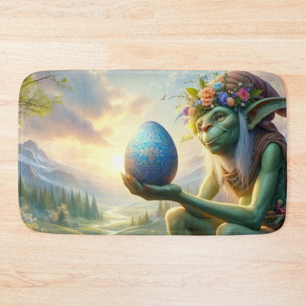 Artikelvorschau, Sitzen grüner Goblin mit Osterei Fantasy Osterlandschaft entworfen und verkauft von Expressions-Sel.