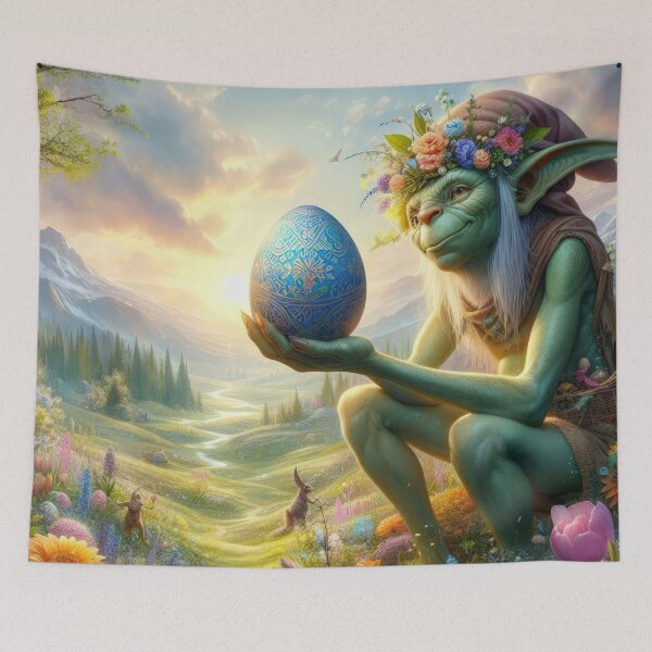 Item preview, sitting green goblin with easter egg fantasy easter landscape designed and sold by Expressions-Sel.