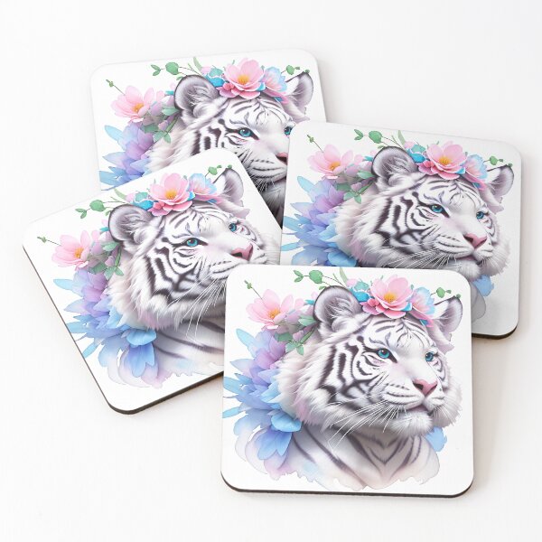 Item preview, A white tiger with delicate flowers on its head. High-quality, stylish art in delicate colors. designed and sold by Harmonysens.
