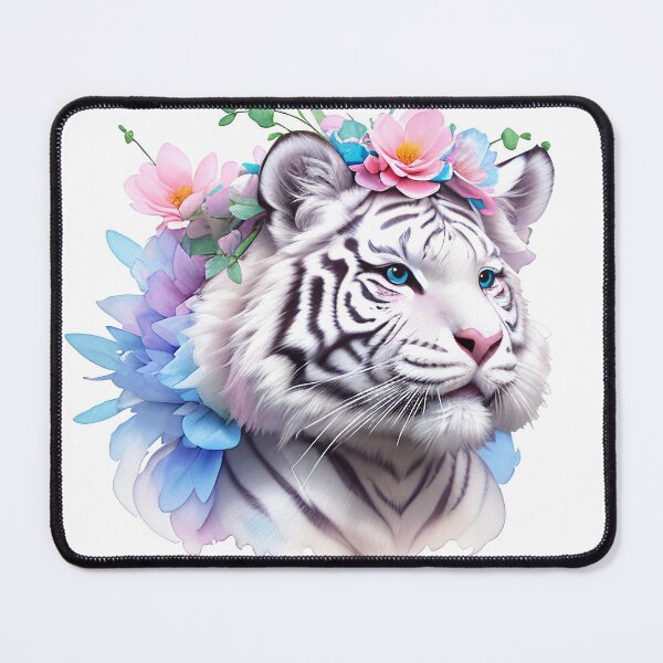 Item preview, A white tiger with delicate flowers on its head. High-quality, stylish art in delicate colors. designed and sold by Harmonysens.