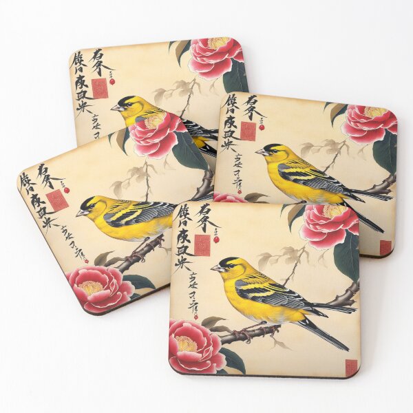 Item preview, Yellow bird with red flowers on papyrus, chinese vintage style designed and sold by Coolparrotgirl.