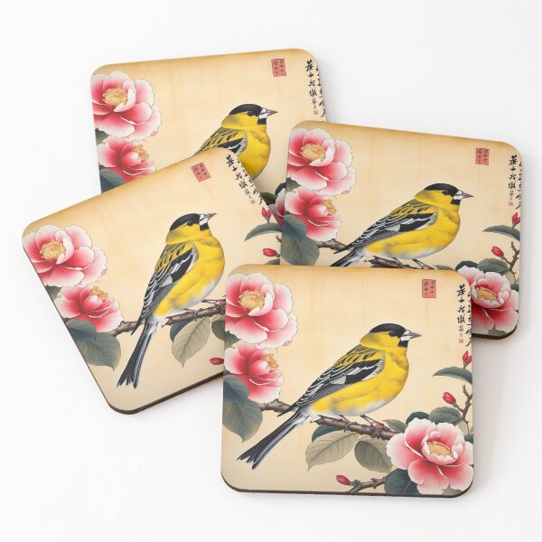 Item preview, Yellow bird with red flowers on papyrus, chinese vintage style designed and sold by Coolparrotgirl.