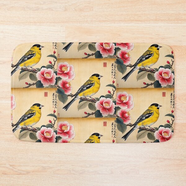 Item preview, Yellow bird with red flowers on papyrus, chinese vintage style designed and sold by Coolparrotgirl.