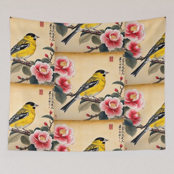 Item preview, Yellow bird with red flowers on papyrus, chinese vintage style designed and sold by Coolparrotgirl.