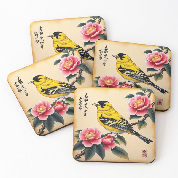 Item preview, Yellow bird with red flowers on papyrus, chinese vintage style designed and sold by Coolparrotgirl.