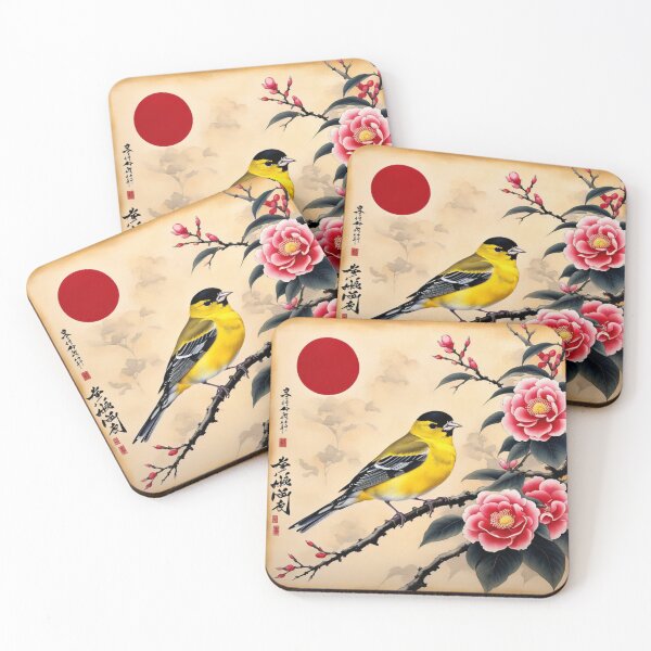 Item preview, Yellow bird with red flowers on papyrus, chinese, vintage style designed and sold by Coolparrotgirl.