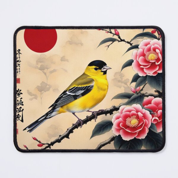 Item preview, Yellow bird with red flowers on papyrus, chinese, vintage style designed and sold by Coolparrotgirl.