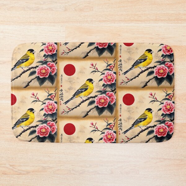 Item preview, Yellow bird with red flowers on papyrus, chinese, vintage style designed and sold by Coolparrotgirl.