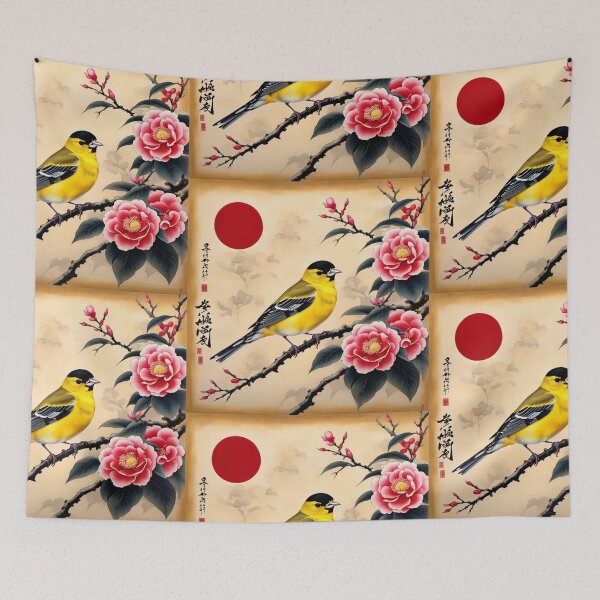 Item preview, Yellow bird with red flowers on papyrus, chinese, vintage style designed and sold by Coolparrotgirl.