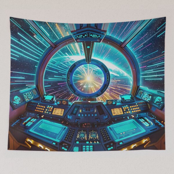 Artikelvorschau, Raumschiff-Cockpit in Hyperspace Leap Blue entworfen und verkauft von Synthwave Poem.