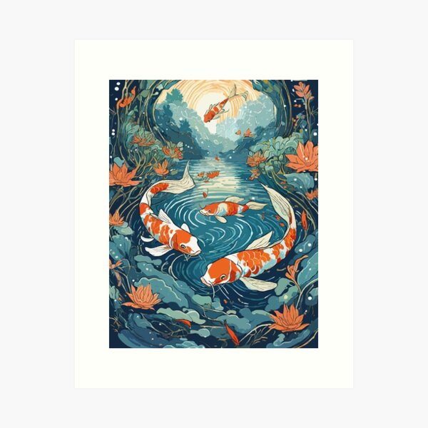 Summer Vibe Asian Wall Art, Lotus Pond and Koi Fish Canvas Art Paintin –  Blue Surf Art