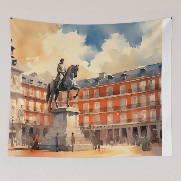 Item preview, Plaza Mayor, watercolor painting, city landscape, Madrid souvenir, Spanish cityscape, Spain travel designed and sold by SpettacolArte.