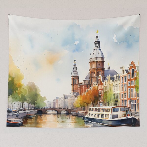 Item preview, Amsterdam canals, watercolor painting, city landscape, Amsterdam souvenir, Netherlands cityscape, Holland travel designed and sold by SpettacolArte.