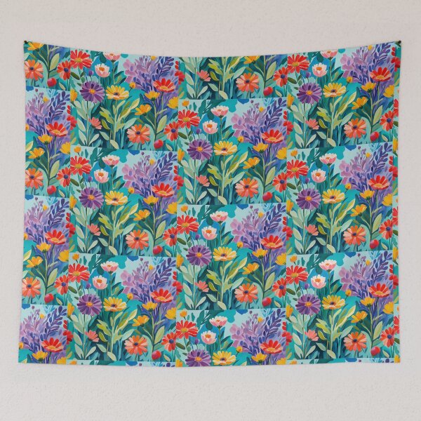 Item preview, Colourful red, purple, orange, blue and purple leafs wildflowers painting designed and sold by Coolparrotgirl.