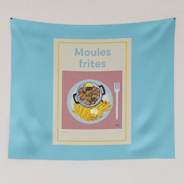 Item preview, MOULES FRITES Illustration with a bowl of mussels, French fries and mayonnaise designed and sold by Posteria.