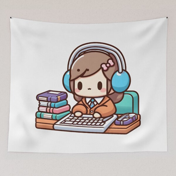 Item preview, Kawaii Librarian With Headphones Typing On A Keyboard designed and sold by CanvasCutie.