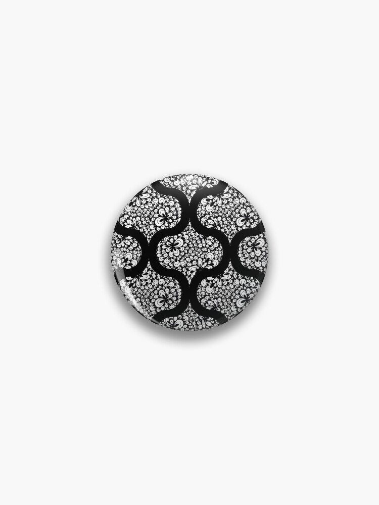 Pin, Black and White Blooming Doodle Retro Ogee designed and sold by Triplicate Limited