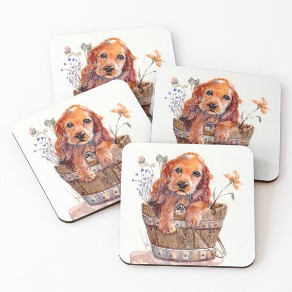 Item preview, Watercolor, little dog in bucket and its flowers designed and sold by Art-Flucie.