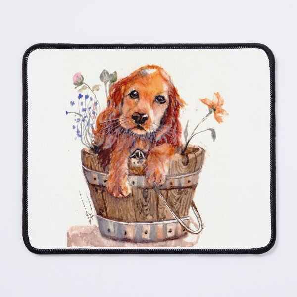 Item preview, Watercolor, little dog in bucket and its flowers designed and sold by Art-Flucie.