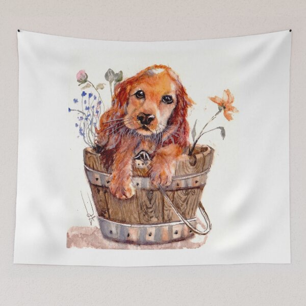 Item preview, Watercolor, little dog in bucket and its flowers designed and sold by Art-Flucie.