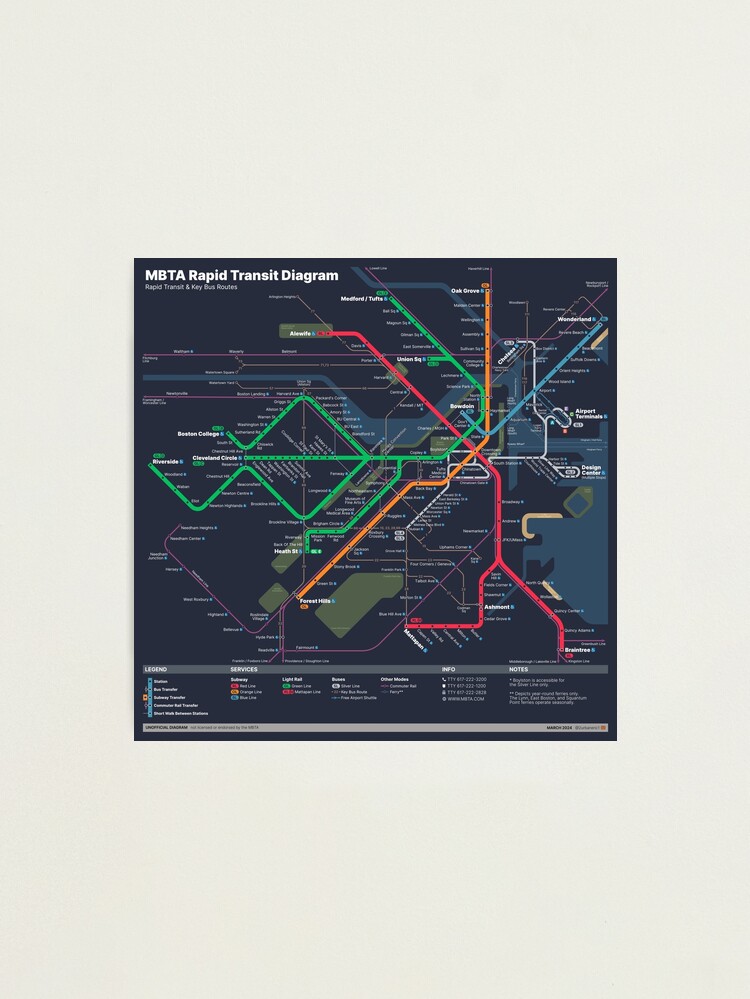 Thumbnail 2 of 3, Photographic Print, MBTA Rapid Transit Map [Dark] designed and sold by Pretzel-Express.