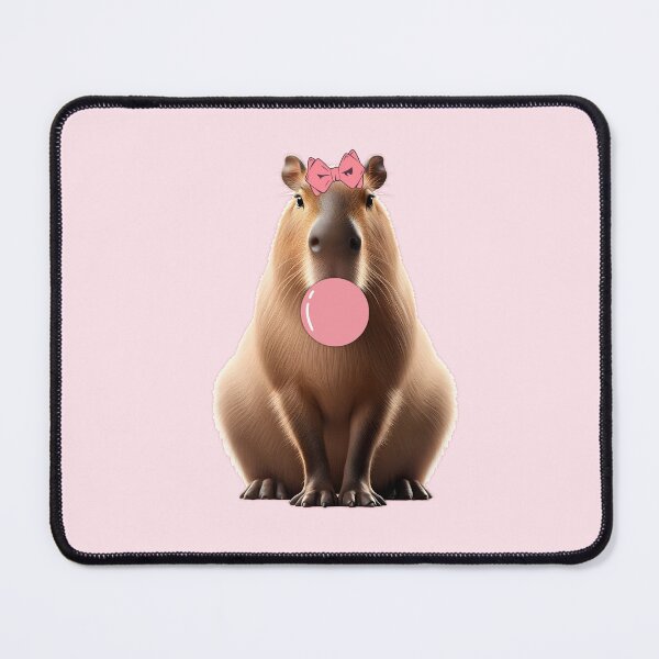 Item preview, Capy Capybara blowing pink bubblegum bubble and wearing cute pink bow designed and sold by LuxindaSwirl.