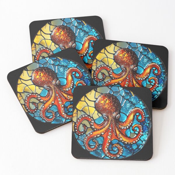 Item preview, Stained Glass Octopus -Mysterious Sea Creature in Blue and Gold designed and sold by WigOutlet.