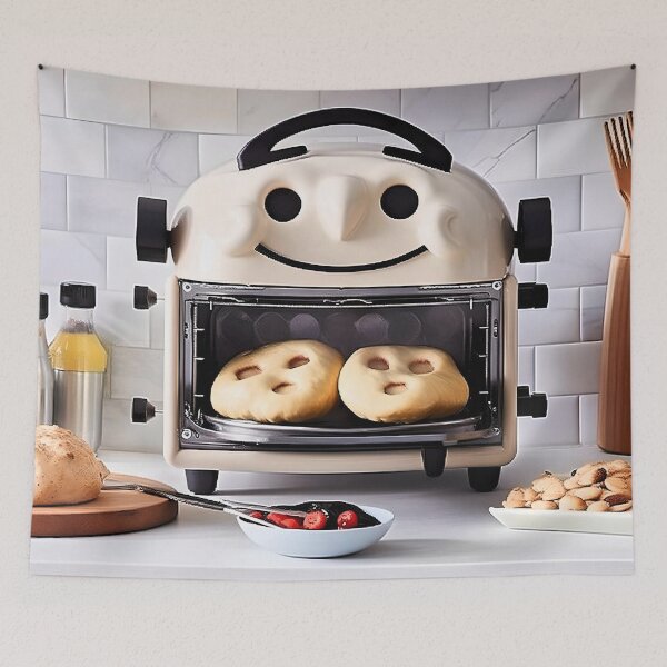 Item preview, "Whimsical Kitchen Scene: A Smiling Toaster and Delightful Baked Goods" designed and sold by MYTHIC PEEL STICKERS.