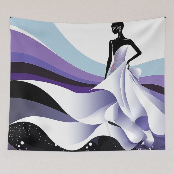 Item preview, Modern Fashion Illustration: Elegant Woman in White Dress - Blue & Purple Background designed and sold by PaintbrushPlace.
