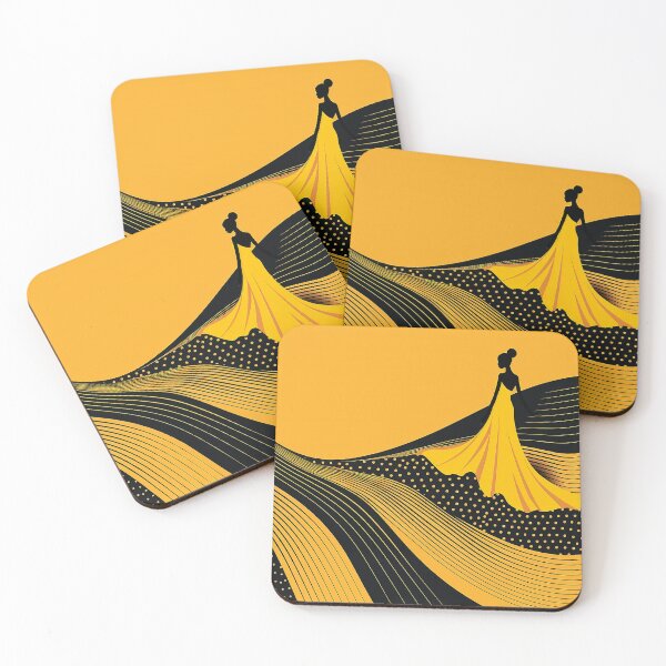 Item preview, Vibrant Fashion Illustration: Elegant Woman in Yellow Dress - Bold Black & Amber Background designed and sold by PaintbrushPlace.