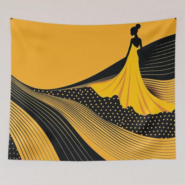 Item preview, Vibrant Fashion Illustration: Elegant Woman in Yellow Dress - Bold Black & Amber Background designed and sold by PaintbrushPlace.