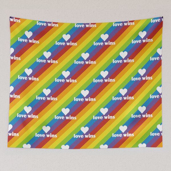 Item preview, diagonal rainbow stripes with white typo "love wins" designed and sold by colorofmagic.