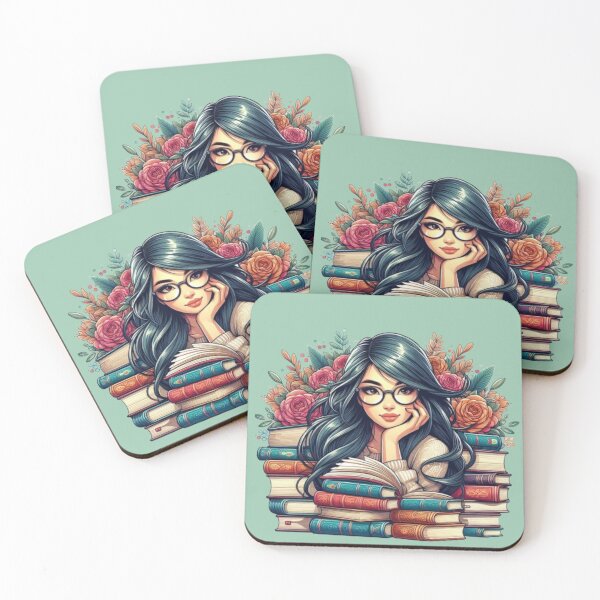 Item preview, Contemplative Reader: Girl with Glasses Surrounded by Books and Flowers designed and sold by LyssasMindArt.