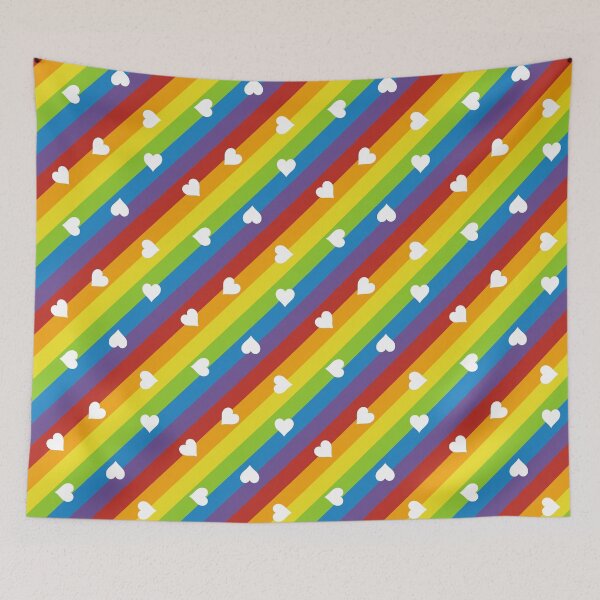 Item preview, diagonal rainbow stripes with white hearts designed and sold by colorofmagic.