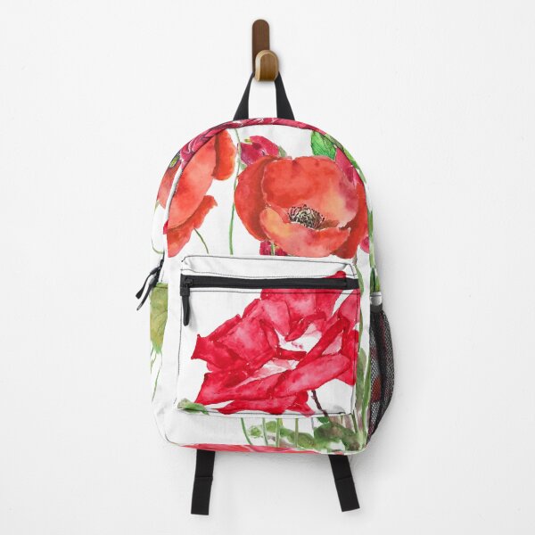 Item preview, passionate red and orange poppy rose dahlia ranunculus flowers bouquet hand painted designed and sold by ColorandColor.