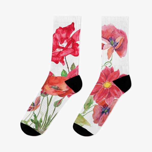 Item preview, passionate red and orange poppy rose dahlia ranunculus flowers bouquet hand painted  designed and sold by ColorandColor.