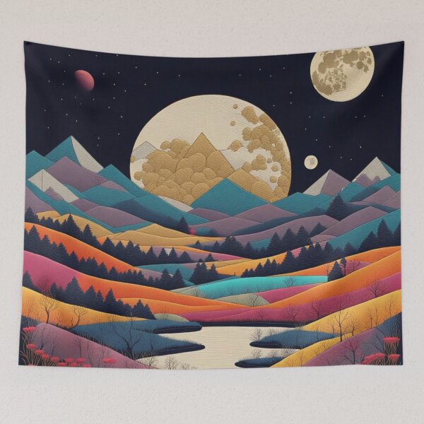 Item preview, Embroidered moon, colorful landscape under a starry sky designed and sold by sabellet.