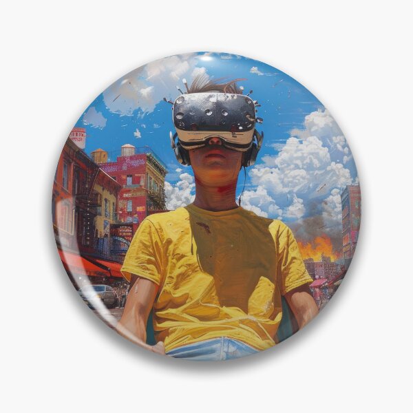 Artikelvorschau, Person mit VR-Headset sitzt mit gekreuzten Beinen inmitten einer belebten Straßenszene in der Stadt entworfen und verkauft von Ladidia.