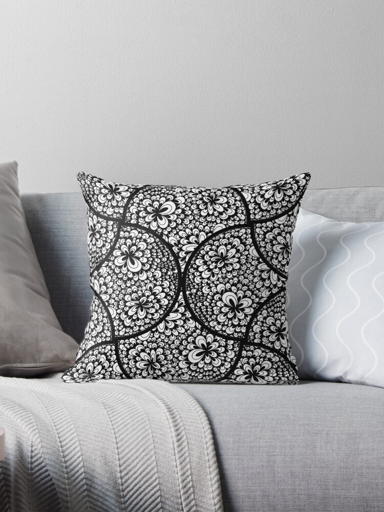 Pillow, Black and White Blooming Doodle Art Deco Fans designed and sold by Triplicate Limited