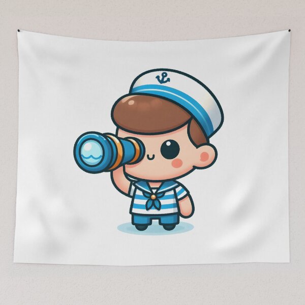 Item preview, Kawaii Sailor With A Blue And White Striped Vest Standing With A Spyglass designed and sold by CanvasCutie.