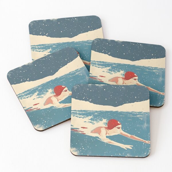 Item preview, Winter wild open water swimming - swimmer in a red swim cap designed and sold by Wildflow Creations.