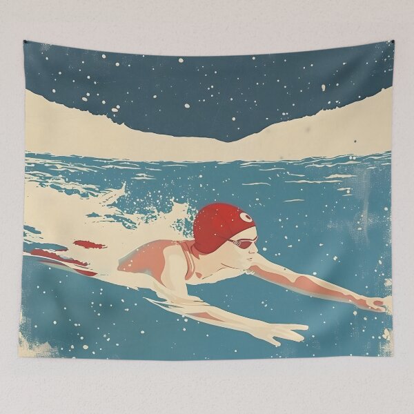 Item preview, Winter wild open water swimming - swimmer in a red swim cap designed and sold by Wildflow Creations.