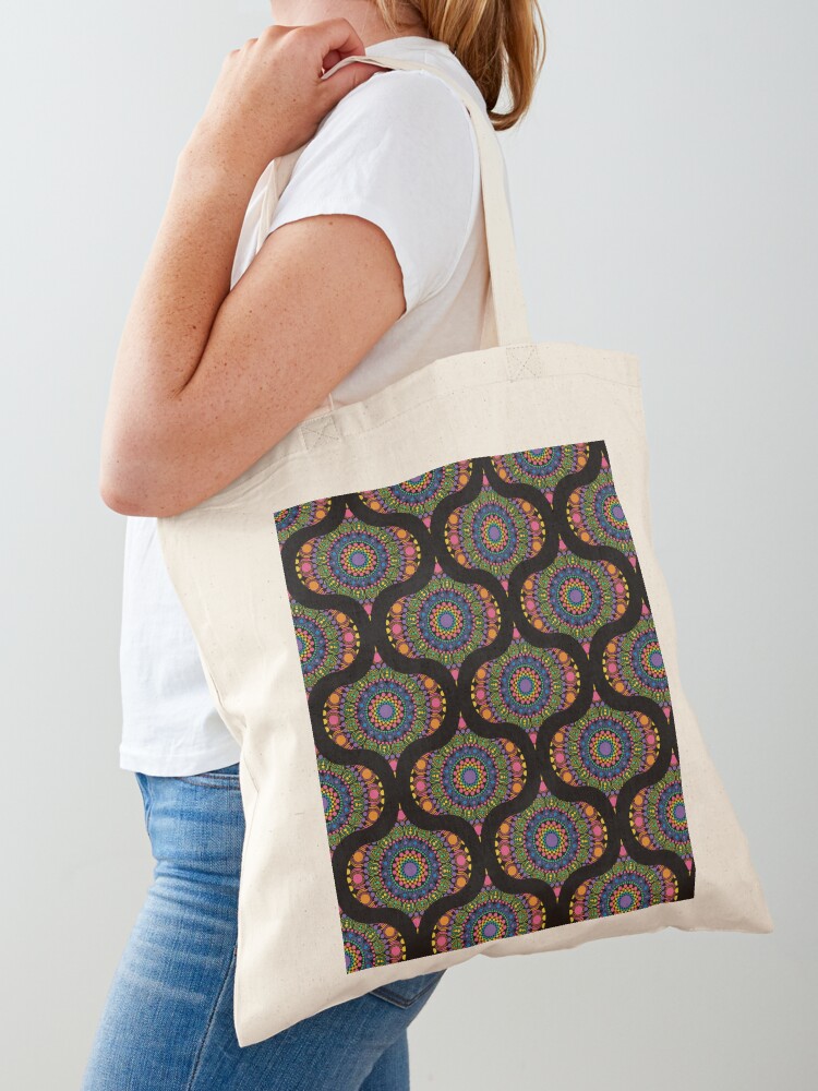 Tote Bag, Maximalist Rainbow Mardigras Dot Mandala Retro Ogee designed and sold by Triplicate Limited