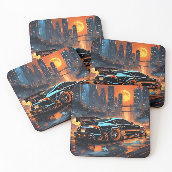 Artikelvorschau, Toyota Supra Schwarz Orange Mond Illustration Design entworfen und verkauft von Salimgor Hangaround Music.