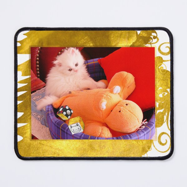 Item preview, White Persian Fluffy Baby Cat Vanda Playing with A Hippo and Dices (Photo by ACCI) on Gold designed and sold by VanyssaGraphics.