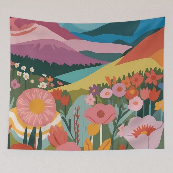 Item preview, Vibrant spring flower field with mountains  designed and sold by VintageFlow.