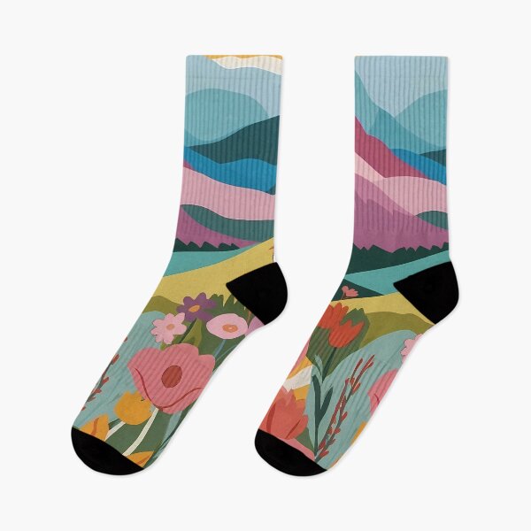Item preview, Vibrant spring flower field with mountains  designed and sold by VintageFlow.